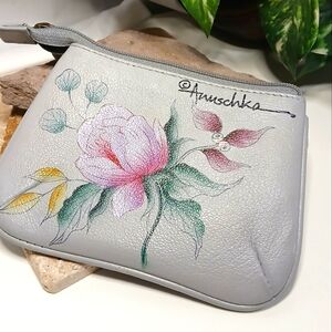 ANUSCHKA Gray Leather Coin Purse with Peonies